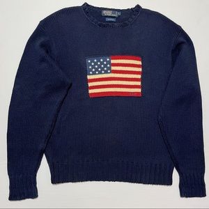 Vintage POLO by Ralph Lauren USA American Flag Knit Sweater Mens Large